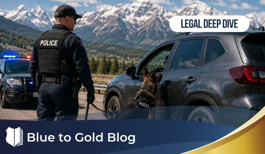 A police officer with a K-9 conducts a vehicle stop on a mountain highway in Colorado.
