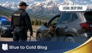 A police officer with a K-9 conducts a vehicle stop on a mountain highway in Colorado.